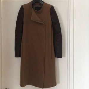 BCBG Brown Wool Faux Leather Two Tone Coat Sz XS